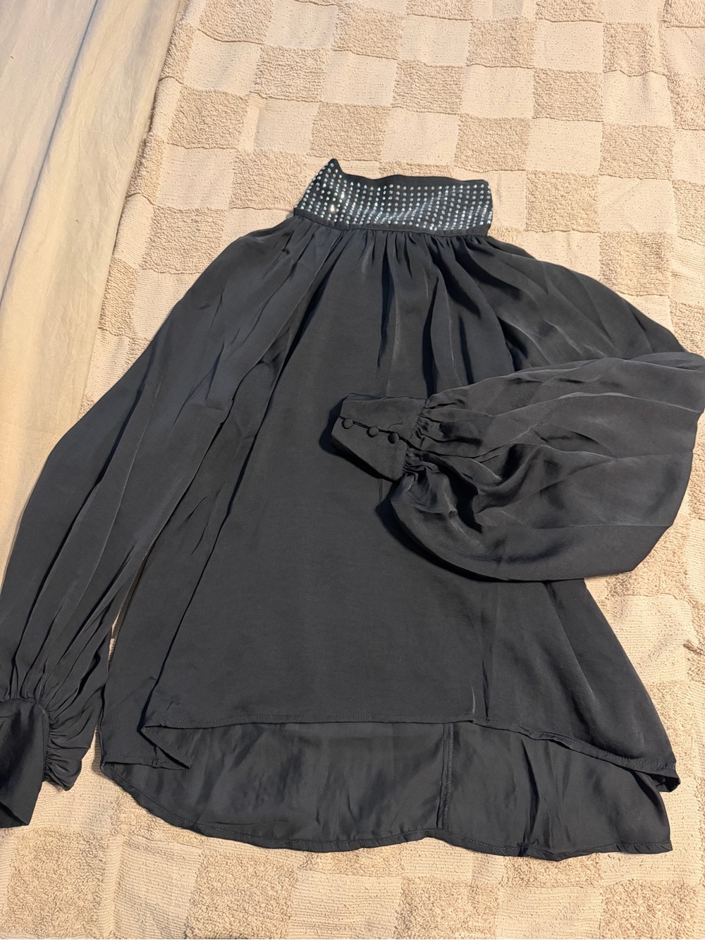 ODDY Black High-Neck Long Sleeve Blouse with Embellished Collar